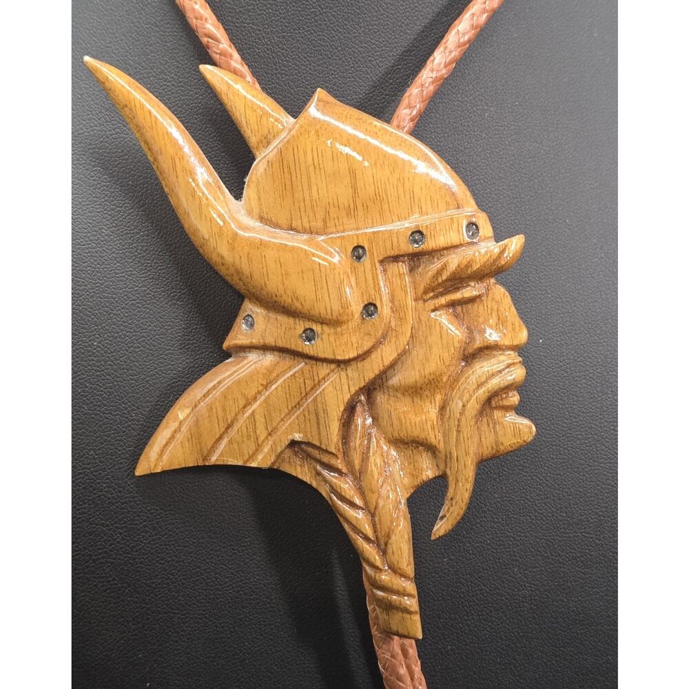 Viking Hand Carved Pendant Minnesota Viking Bolo Tie Leather Brass Signed OZ